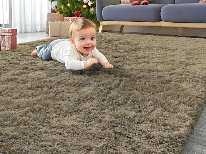 Fluffy Washable Large Rugs Living Room 120 x 160 cm, Khaki Green  Anti Slip Carpet, Soft Thick Pile Bedside Rug, Shaggy Rugs for Kids Bedroom, Nursery
