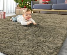 Fluffy Washable Large Rugs Living Room 120 x 160 cm, Khaki Green  Anti Slip Carpet, Soft Thick Pile Bedside Rug, Shaggy Rugs for Kids Bedroom, Nursery