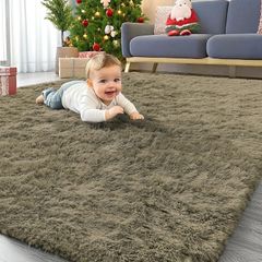 Fluffy Washable Large Rugs Living Room 120 x 160 cm, Khaki Green  Anti Slip Carpet, Soft Thick Pile Bedside Rug, Shaggy Rugs for Kids Bedroom, Nursery