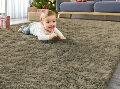Fluffy Washable Large Rugs Living Room 120 x 160 cm, Khaki Green  Anti Slip Carpet, Soft Thick Pile Bedside Rug, Shaggy Rugs for Kids Bedroom, Nursery