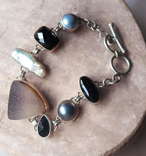 Stunning Handmade Sterling Silver 925 Statement Bracelet with Natural Gemstones