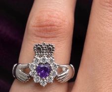Silver claddagh ring with purple & clear CZ stones