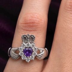 Silver claddagh ring with purple & clear CZ stones