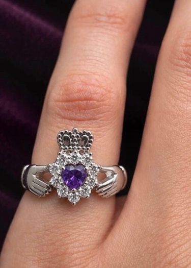 Silver claddagh ring with purple & clear CZ stones