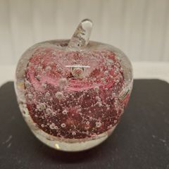 Art Glass Apple Paperweight Pink Bubble Glass