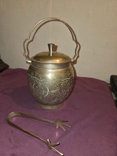 Antique silver plate sugar bowl with tongs