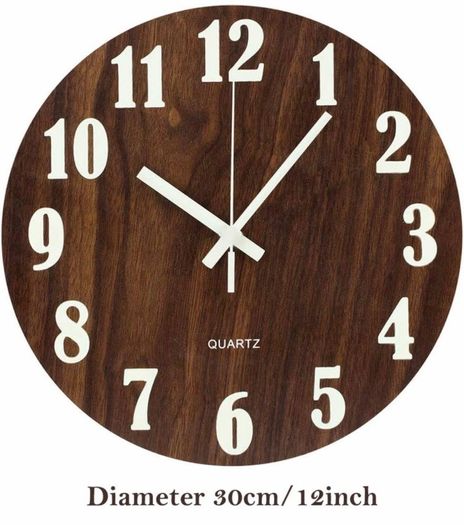 12 Inch Luminous Wall Clock Silent Wooden Design Night Lights Round Wall Clock for Living Room and Bedroom (Battery Not Included) - Brown