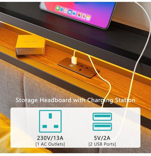 3FT Single Bed Frame with Storage Headboard, Black Metal Single Bed with Upholstered Headboard, LED Lights and Charging Station, Heavy Duty Metal Slats Support,Easy Assembly