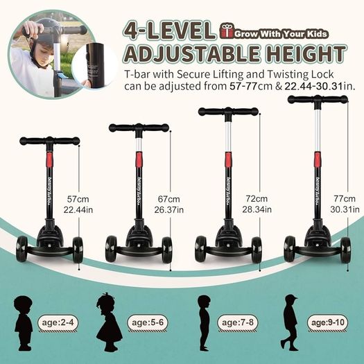 Kids Scooter - Big Wheels Foldable Kick Scooter with Flashing LED Lights for Boys Girls, 4 Levels Height Adjustable, 3 Wheel Scooter for Kids Ages 3-10 with Safe Lean to Steer Design