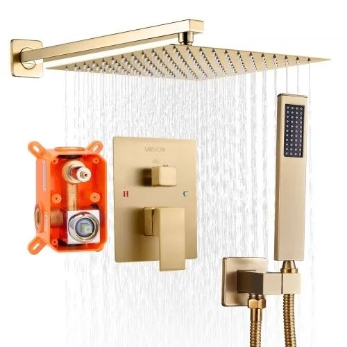 Shower Faucet Set, Rainfall Bathroom Shower System with 10-Inch (25.4cm) Square Rain Shower Head and Handheld Spray, Wall Mounted Bath Fixtures with Brass Valve and Trim Kit, Brushed Gold