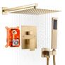 Shower Faucet Set, Rainfall Bathroom Shower System with 10-Inch (25.4cm) Square Rain Shower Head and Handheld Spray, Wall Mounted Bath Fixtures with Brass Valve and Trim Kit, Brushed Gold Image 2