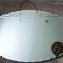 Vintage Art Deco Mirror. Scalloped bevelled edge frameless round wall mirror. Ready to hang on original visible chain. 25" x 15" Image 6