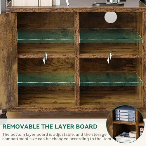 Wooden Printer Stand With Power Outlets, Industrial Storage Cabinet, Print Stand Filing Cabinets with Key, Wooden Sideboard with Open Shelf, Brown