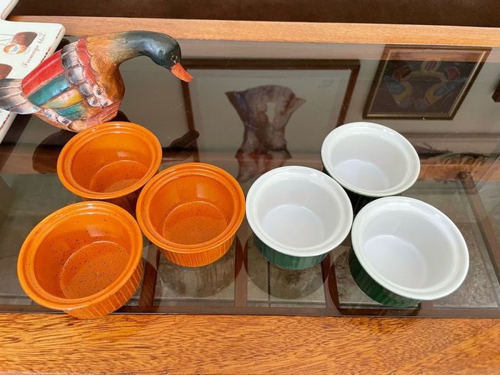 Vintage Mixed Set Emile Henry Ramekins Brown and Green Ribbed Oven to Tableware Set of 6 1980s 2000s