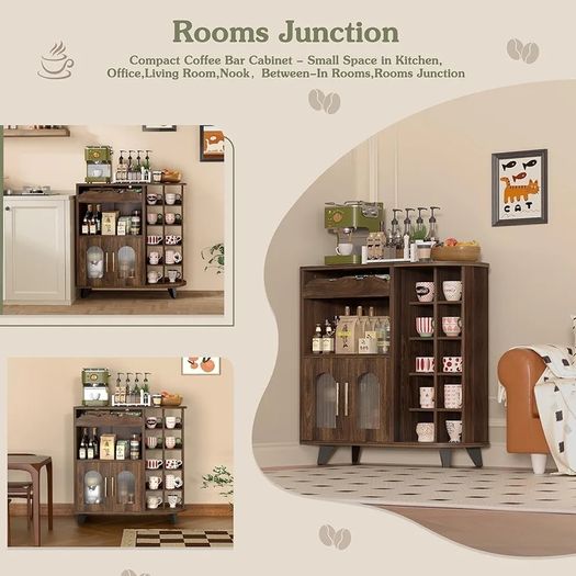 Kitchen Storage Cupboard with Mug Holder Display, Kitchen Sideboard with Drawers & Double Doors, Pantry Cabinet Unit Perfect for Coffee Station, Living Room Buffet & Home Drinks Bar  Brown