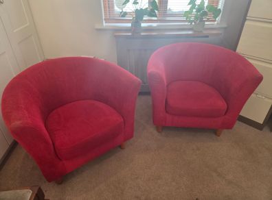 Pair of Red Upholstered Armchairs / Tub Chairs