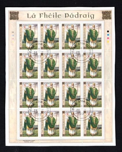 2003 Ireland St Patrick's Day (41c St. Patrick, 50c Cathedral & 57c Parade) Stamp Sheetlet Plate 1A1A1A1A Fine Used with Dublin cancel of 28th February 2003 (First day of issued) on envelope extract.