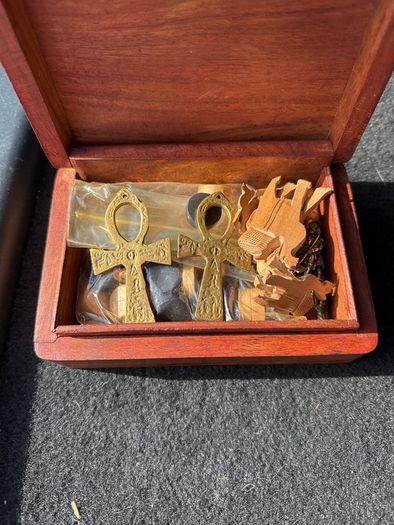 wooden box  with contents