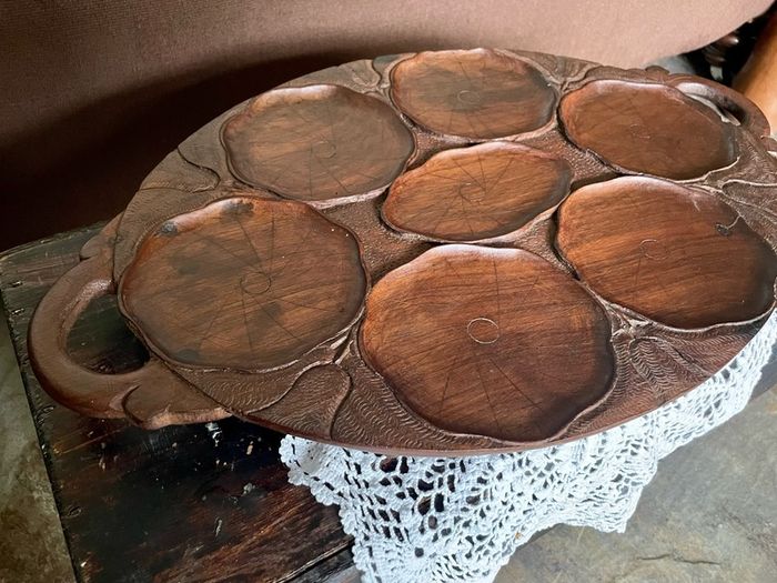 Superb Art Nouveau Style Vintage Handcarved Tray with Lilypad Design