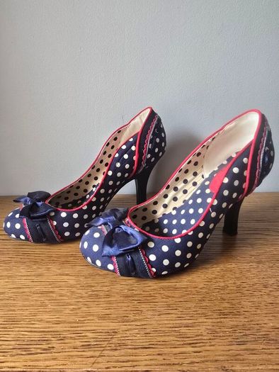 Ruby Shoo Retro Polka Dot Heels with Satin Bows - Size UK 6 / EU 39