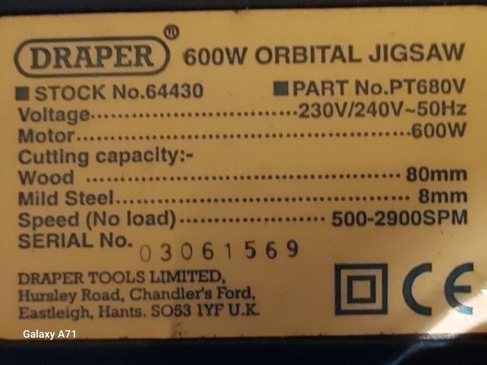 Draper 600W Orbital Jigsaw Model PT680V in excellent condition