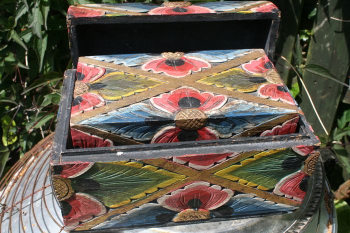 Vintage Two Carved Boxes Wooden Jewelry Hand Painted Handmade  Home Decor 10"x6" H 6" and 8,2"x4,5" H 4,2"