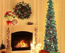 6FT/1.8M Pop Up Tinsel Christmas Tree with 100 Timer Lights & Remote, Collapsible Artificial Pencil Tree Xmas Decoration for Home, Office, Party, USB Powered, Easy Assembly