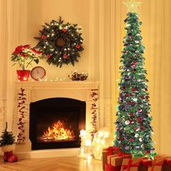 6FT/1.8M Pop Up Tinsel Christmas Tree with 100 Timer Lights & Remote, Collapsible Artificial Pencil Tree Xmas Decoration for Home, Office, Party, USB Powered, Easy Assembly