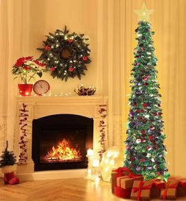 6FT/1.8M Pop Up Tinsel Christmas Tree with 100 Timer Lights & Remote, Collapsible Artificial Pencil Tree Xmas Decoration for Home, Office, Party, USB Powered, Easy Assembly