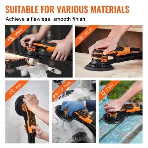 Random Orbital Sander 5 & 6-Inch, 350W Brushless Orbital Sander, 10,000 PRM 6 Variable Speed Electric Palm Sander with 20PCS Sandpapers, Dust Connector & Hose for Woodworking Detailing Sanding