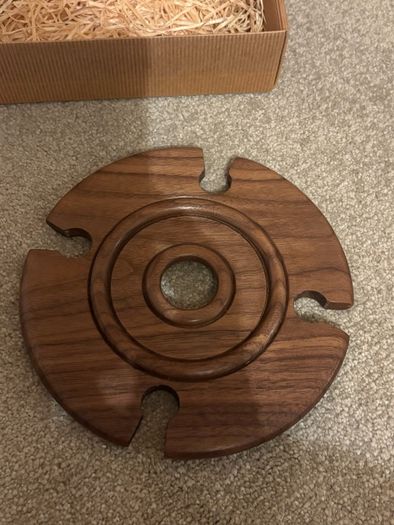 Brand new handmade wooden wine bottle and glass caddy
