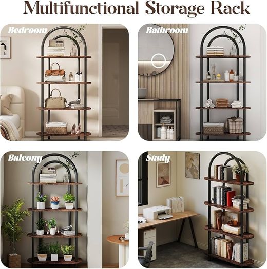 4-Tier Arched Bookshelf, Bookcase with Metal Frame and Wooden Shelves, 165.5cm Tall Floor Standing Book Shelf, Storage Shelves for Living Room, Study, Office, 80x30x165.5cm(Rustic Brown)