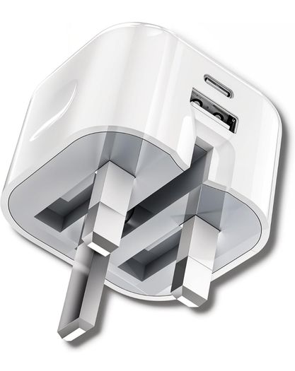 USB C and USB Plug, 38W Charging Adapter, 3 Pin UK Mains, Foldable, Travel, Super Fast Charger, for iPhone 16, 15, 14, 13, 12, 11 Pro Max, XS, XR, 8, SE, iPad, Samsung, Google Pixel, Multi-Device, PD