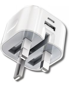 USB C and USB Plug, 38W Charging Adapter, 3 Pin UK Mains, Foldable, Travel, Super Fast Charger, for iPhone 16, 15, 14, 13, 12, 11 Pro Max, XS, XR, 8, SE, iPad, Samsung, Google Pixel, Multi-Device, PD