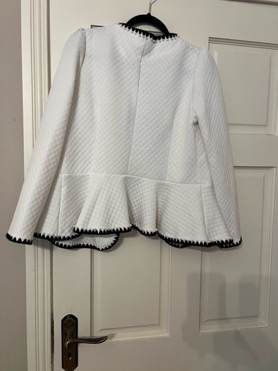 White blazer with black and pearl trim, size M