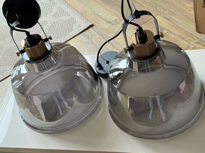 Pair of Maytoni Irving Smoked Glass Pendant Lights - Like New, Short & Long Suspension
