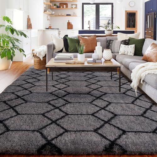 Geometric Rug for Bedroom, 120x180 Grey and Black Living Room Area Rugs for Kids Baby Room, Nursery, Dorm, Lounge Decor, Thick Soft Fluffy Plush