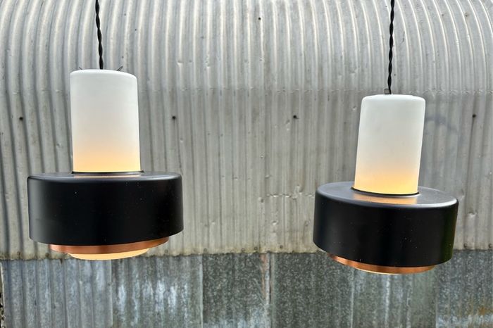 Rare vintage run of 2 Danish suspended pendant lights by Fog & Morup.