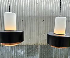 Rare vintage run of 2 Danish suspended pendant lights by Fog & Morup.