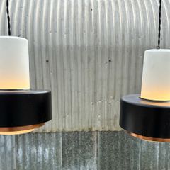 Rare vintage run of 2 Danish suspended pendant lights by Fog & Morup.