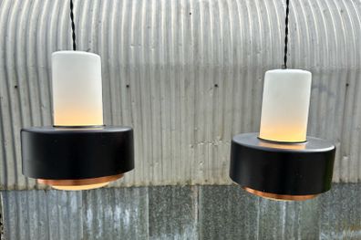 Rare vintage run of 2 Danish suspended pendant lights by Fog & Morup.