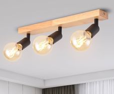 Black Retro Wood Ceiling Light Fitting,3 Way Spot Light Ceiling,Bedroom Lights Ceiling with E27 Bases,Adjustable Black Ceiling Light,Kitchen Lights Ceiling,Living Room Lights