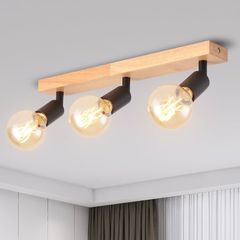 Black Retro Wood Ceiling Light Fitting,3 Way Spot Light Ceiling,Bedroom Lights Ceiling with E27 Bases,Adjustable Black Ceiling Light,Kitchen Lights Ceiling,Living Room Lights
