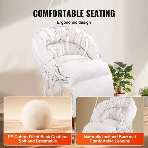 Hanging Hammock Swing Chair, 330 Lbs Capacity, Macrame Hanging Chair with Cushion and Mounting Hardware, Cotton Rope Swing Chair for Bedroom, Balcony, Patio, Garden, Beige