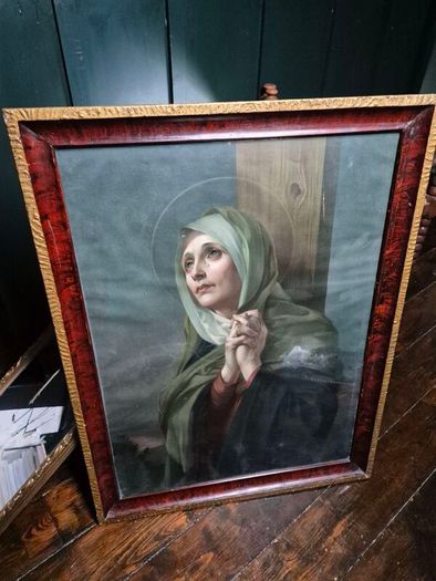 Vintage 1934 large print Mater Dolorosa glass wood framed