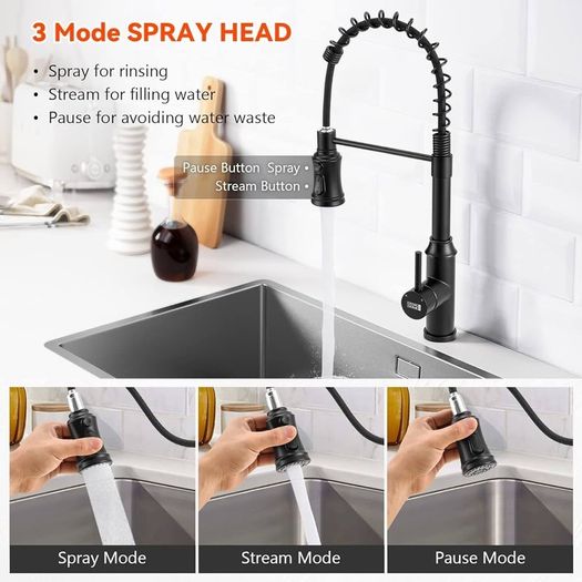 NEW SALE | Black Kitchen Tap,Spring Kitchen Taps with Pull Out Spray,3 Spray Modes 360 Degree Swivel High Arc Single Handle Kitchen Sink Mixer Tap with Pull Down Sprayer BLACK