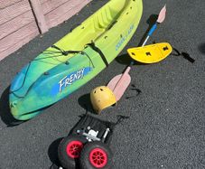 Ocean Frenzy Kayak with paddle, back rest, helmet & fold up wheels