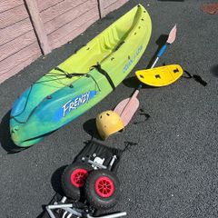 Ocean Frenzy Kayak with paddle, back rest, helmet & fold up wheels