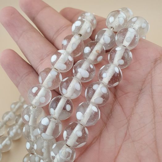 Vintage Clear White Dotted Glass Beads Strands 12-13mm Beads Length 22 inches