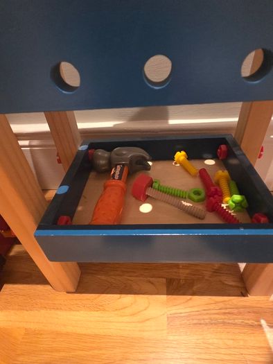 B. Toys Wooden Activity Cube, Wooden Workbench & Soft toys
